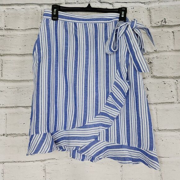 Loft Wrap Tie Knee Length Skirt Rayon Linen Blue White Striped Women's Size 8 - Picture 1 of 13